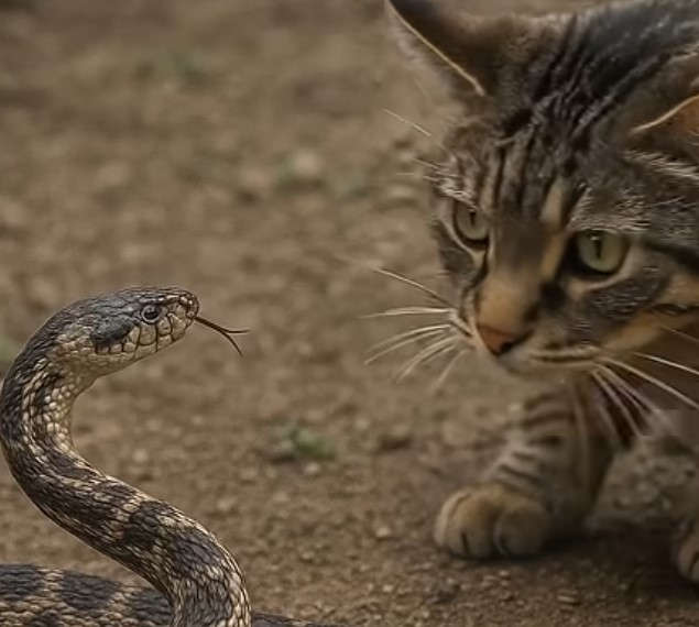 חתול נלחם בנחש צפע- מרתק